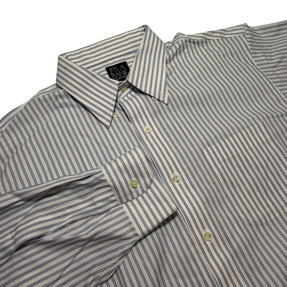 Jos. A. Bank Mens 17.5 35 Tailored Fit Traveler Shirt Blue White Stripe Cotton